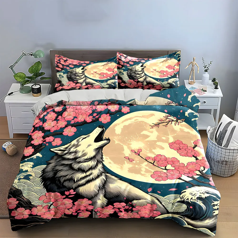 Wolf and Cherry Blossom Night Exquisite three-piece bedding set gift for kids and adults