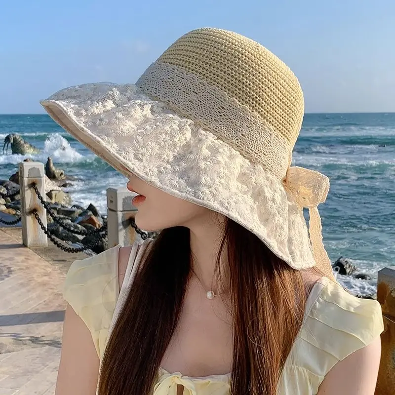 Summer New Lace Ribbon Fisherman Hat Korean Version Hat Bow Travel Sun Protection Floral Beach Sun Hat