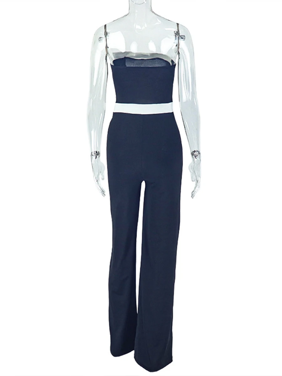 ZIML Hit Color Slimming Backless Jumpsuits for Women Diagonal Collar Sleeveless High Wiast Minimalist Casual Jumpsuit Female New