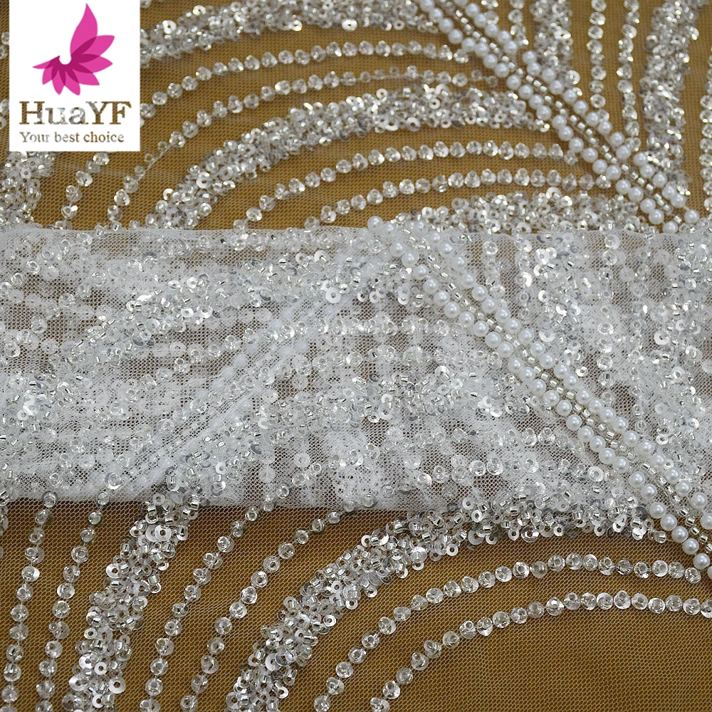 1 Yard High Quality French white Pearl Lace fabirc African Mesh Bead Sequin Embroidered Wedding Dress HY2545