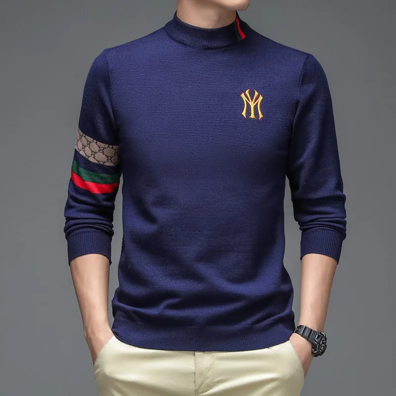 

Autumn Winter Men's Luxury Embroidered Half High Collar Sweater Designer Brand Fashion Casual Bottom Thick Men's Knitted Sweater