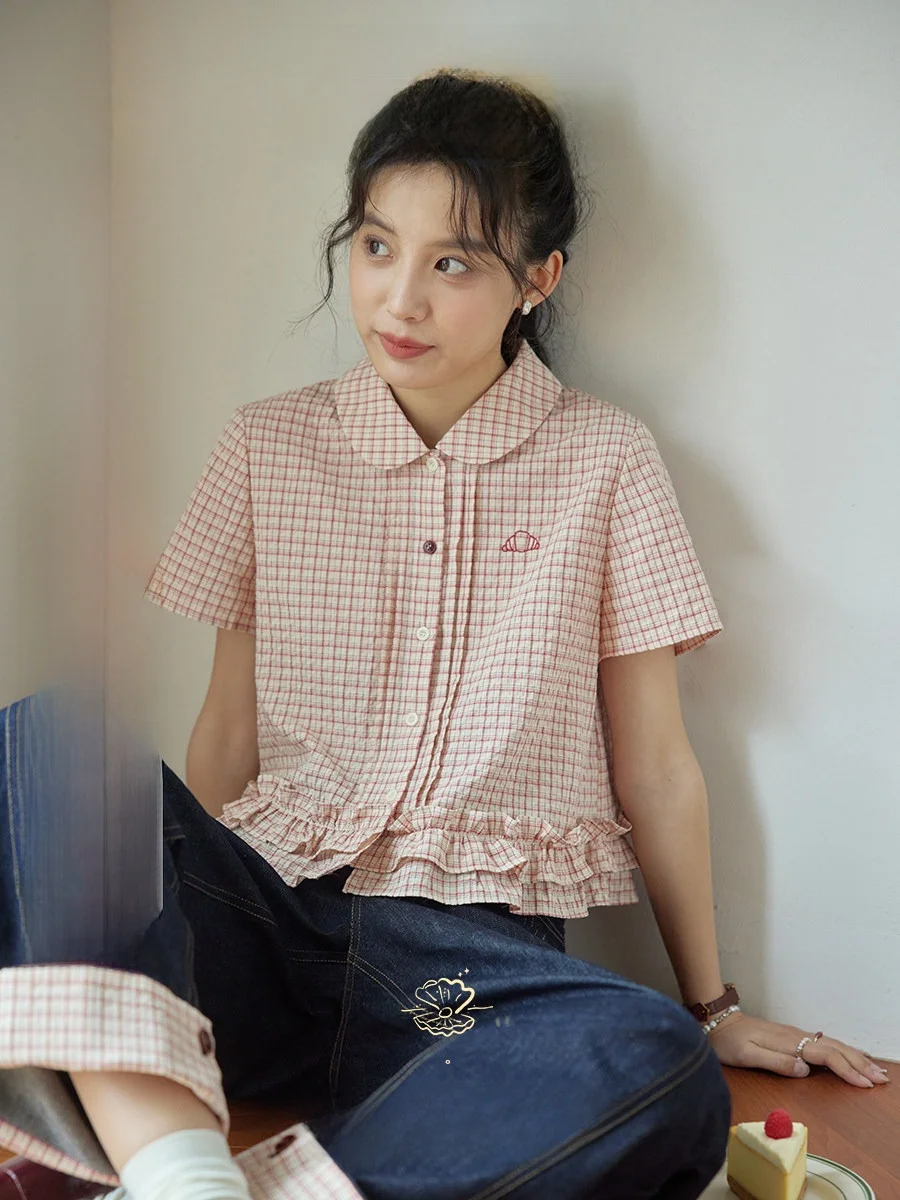 

Nov Elist Plaid Shirt Women's Short Sleeve Doll Collar Double Layer Hem Vintage Style Loose Fit Cotton Polyester Blend
