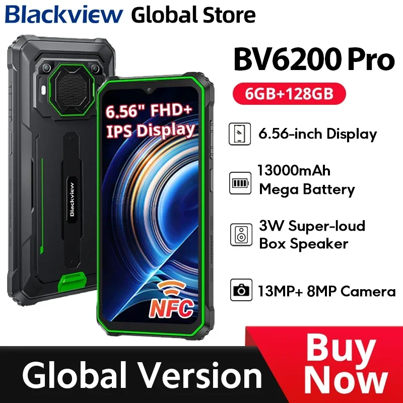 Blackview BV6200 Pro Rugged Phone 6.56'' FHD+ IPS Display 3W Super-loud Speaker IP69 13000mAh 18W Fast Charg NFC CellPhone