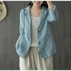 2022 New Arrival Autumn Arts Style Women Single Breasted O-neck Blazers All-matched Vintage Long Sleeve Cotton Linen Coat P471