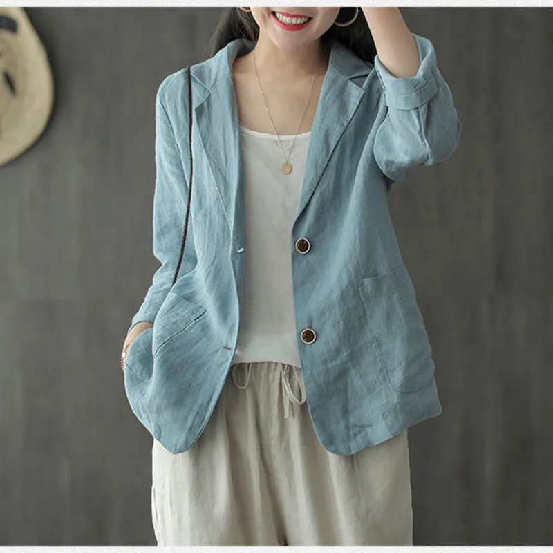 2022 New Arrival Autumn Arts Style Women Single Breasted O-neck Blazers All-matched Vintage Long Sleeve Cotton Linen Coat P471