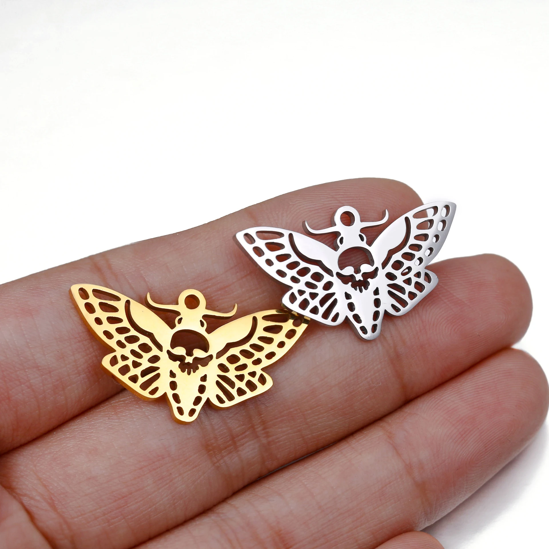 5Pcs/Lot Halloween Death Skull Skeleton Moth Charms Stainless Steel Flying Insect Pendants DIY Earring Bracelet Jewelry Making