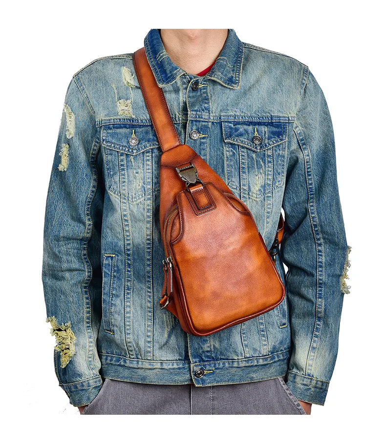 Tree-tall vegetable-tanned high-end cowhide retro casual men's lockstitch zipper chest bag travel crossbody backpack