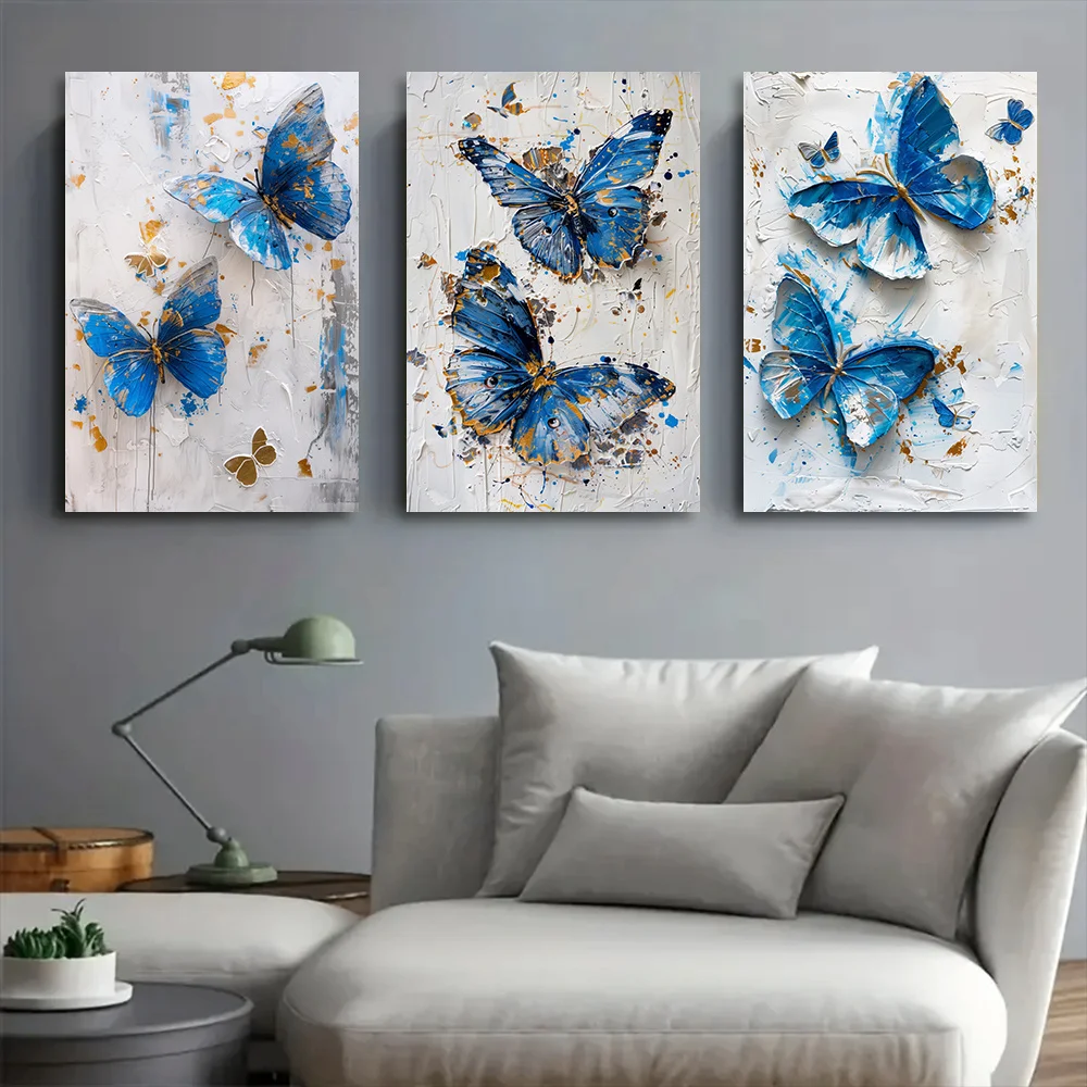 3pcs/set Blue Butterfly Canvas Art Set Unframed Modern Wall Decor Painting Poster for Living Room Bedroom Hallway Waterproof