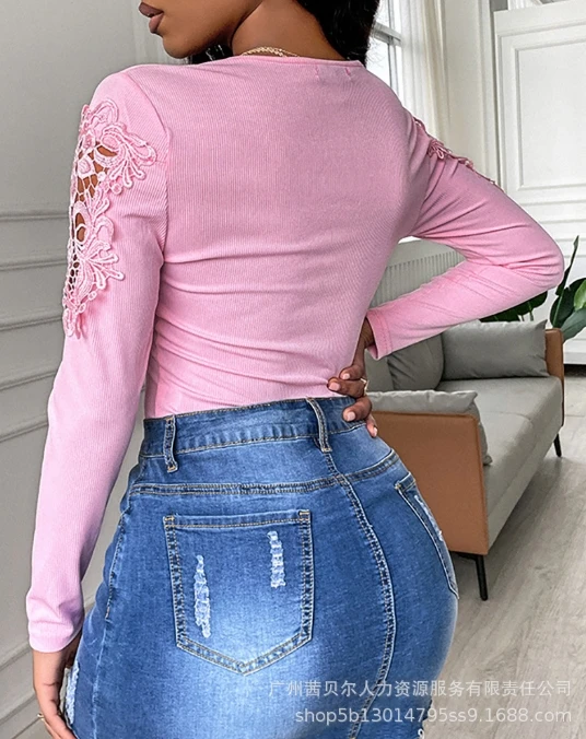 2024 Spring New Solid Color Slim Fit Lace Hollow Long sleeved T-shirt Slim Fit Sticker Top