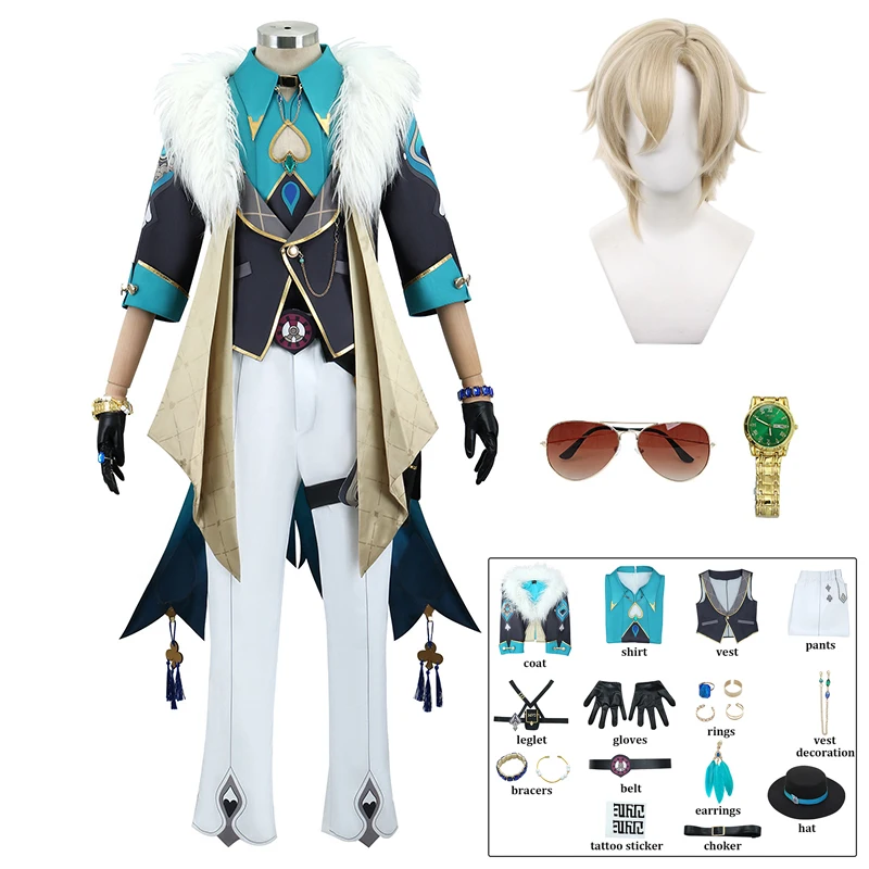 

Game HSR Honkai Star Rail Aventurine Cosplay Costume Hat Watch Glasses Wig Men Halloween Carnival Party Role Playing Outfits