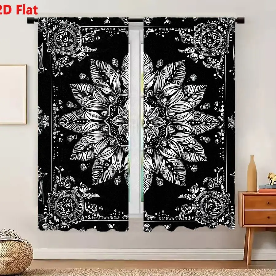 2Pcs Curtains 2D Flat Black And White Mandala Bandana Print With Floral Motif And Tribal Psychedelic Design Window Drapes for Be