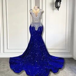 2026 Sparkly Sequin Mermaid Style Silver Diamond Royal Blue Long Prom Dress for Black Girls