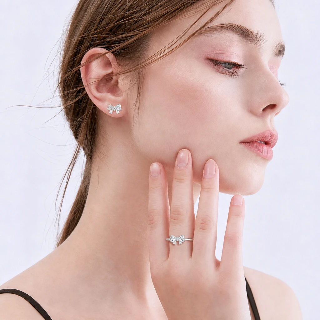 

ATTAGEMS S925 Silver Bow Jewelry Set Heart Cut Moissanite Rings & Stud Earrings for Women Girls Dainty Romantic Engagement Gifts