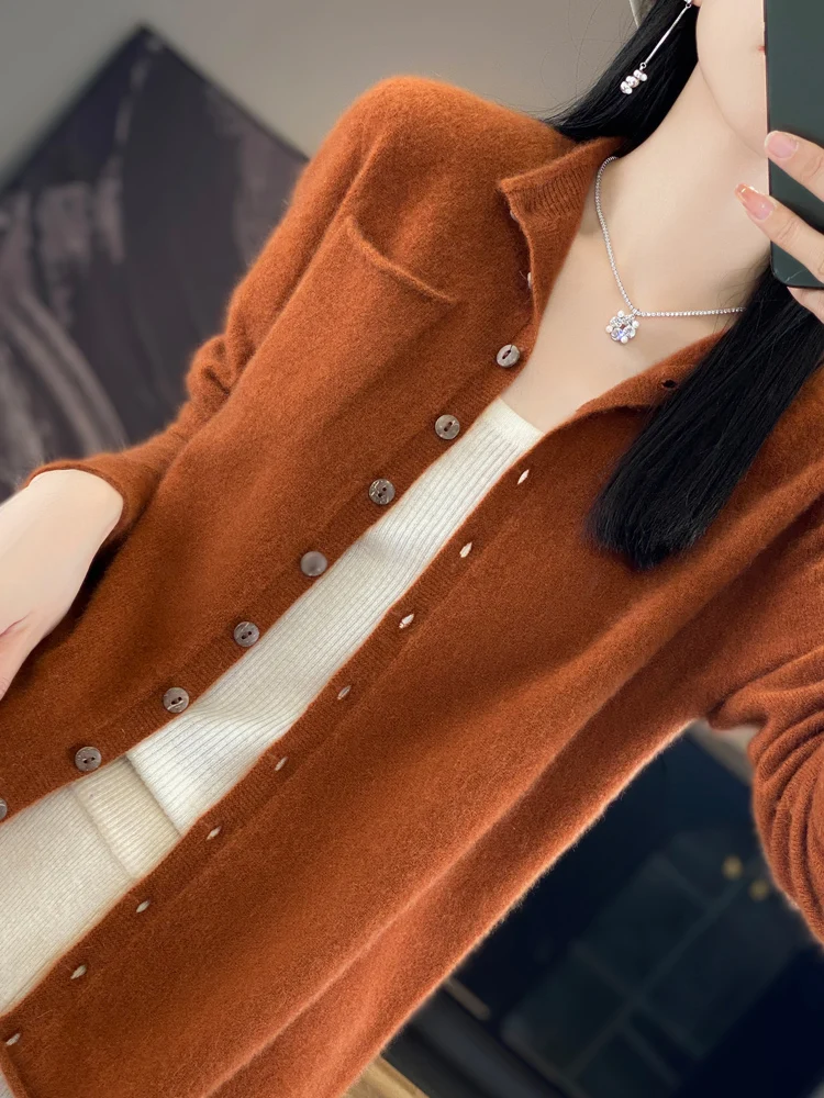 

Women Pure Wool Cardigan Casual Pockets Sweater Spring Autumn Winter 100% Merino Wool Knitwear Korean Popular Clothing Tops