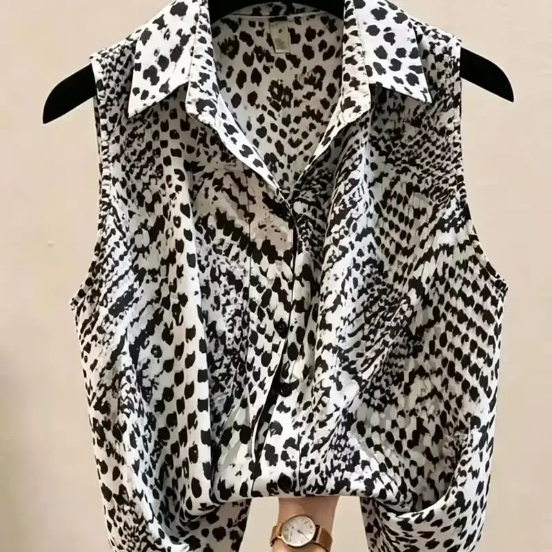 Leopard Print Sleeveless Shirt Top For Women With Button Front And Collar Design Trendy Casual Wear For Office Or Daily Outfits