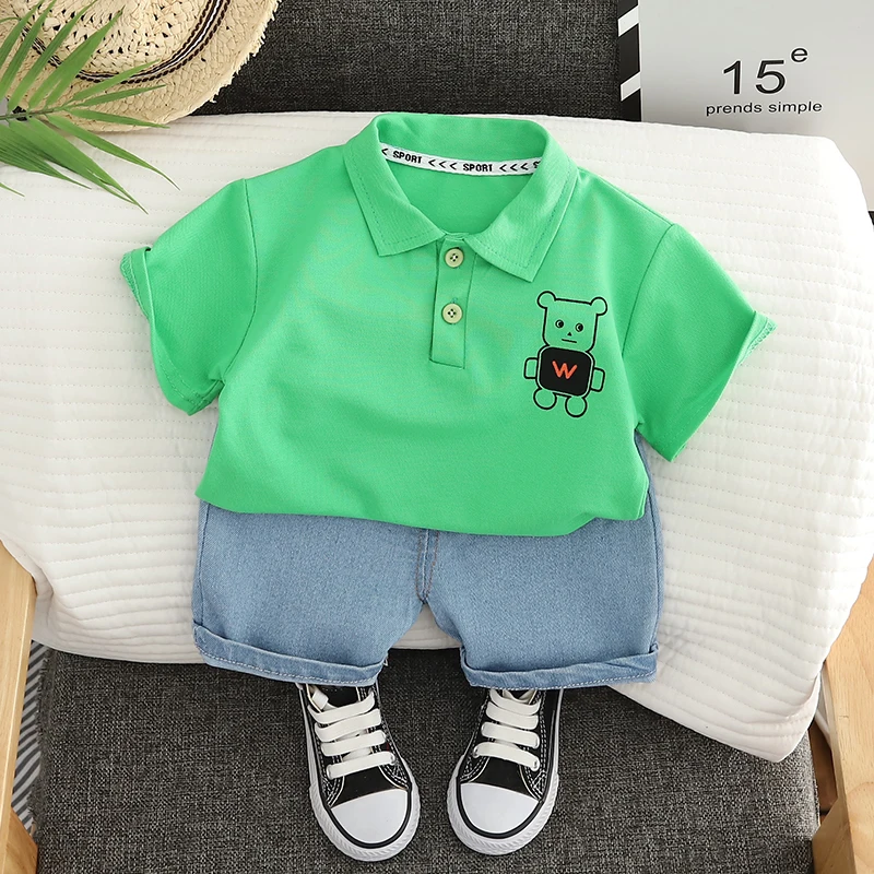 0-5 Year Old Baby Boy Summer Simple Clothes Set Children\'s Fashion Cartoon Robot Polo Shirt + Denim Shorts 2-Piece Suits