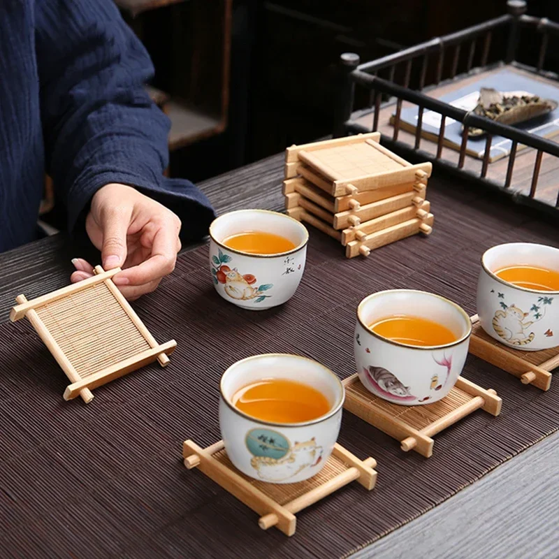 Bamboo Cup Pad Square Mug Teacup Tray Heat Insulation Coffee Coaster Wood Tray Handmade Tea Ceremony Accessories Decoration