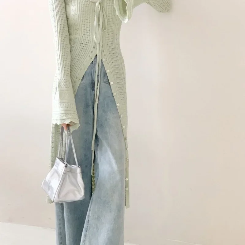 2025 Thin Light Green V-neck Lace Up Cardigan Coat Women New Slim Fit Tops Mujer Y2k Long Sleeve Hollow Out Tee Shirt Dress