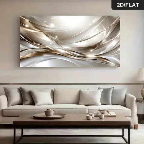 Frameless Modern Abstract Silver Ripple Wall arts Canvas - Contemporary Light Beige & White Design,  for Bedroom, Living Room, C