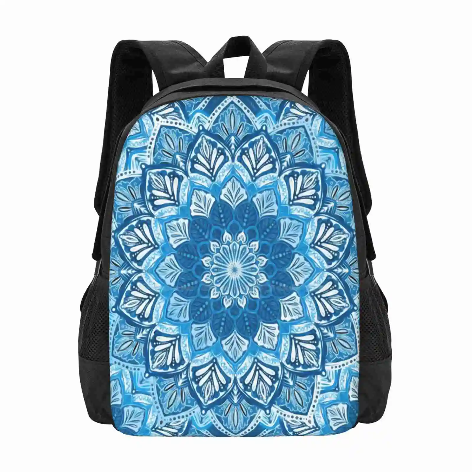 Boho Mandala In Monochrome Blue And White Hot Sale Schoolbag Backpack Fashion Bags Mandala Blue White Micklyn Boho Bohemian