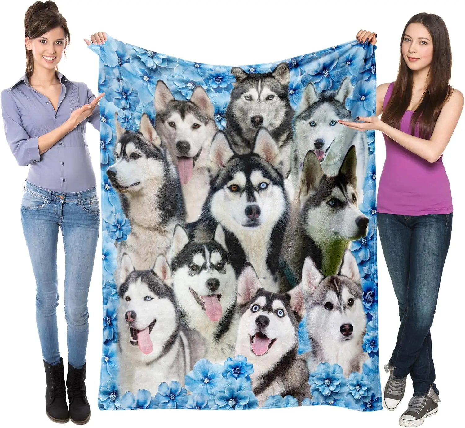 Cozy Flannel Throw Blanket Dog Husky Family Blue Floral Print Sherpa Fleece Pet Lover Bed Decor Decorative Xmas Gift for Couch S