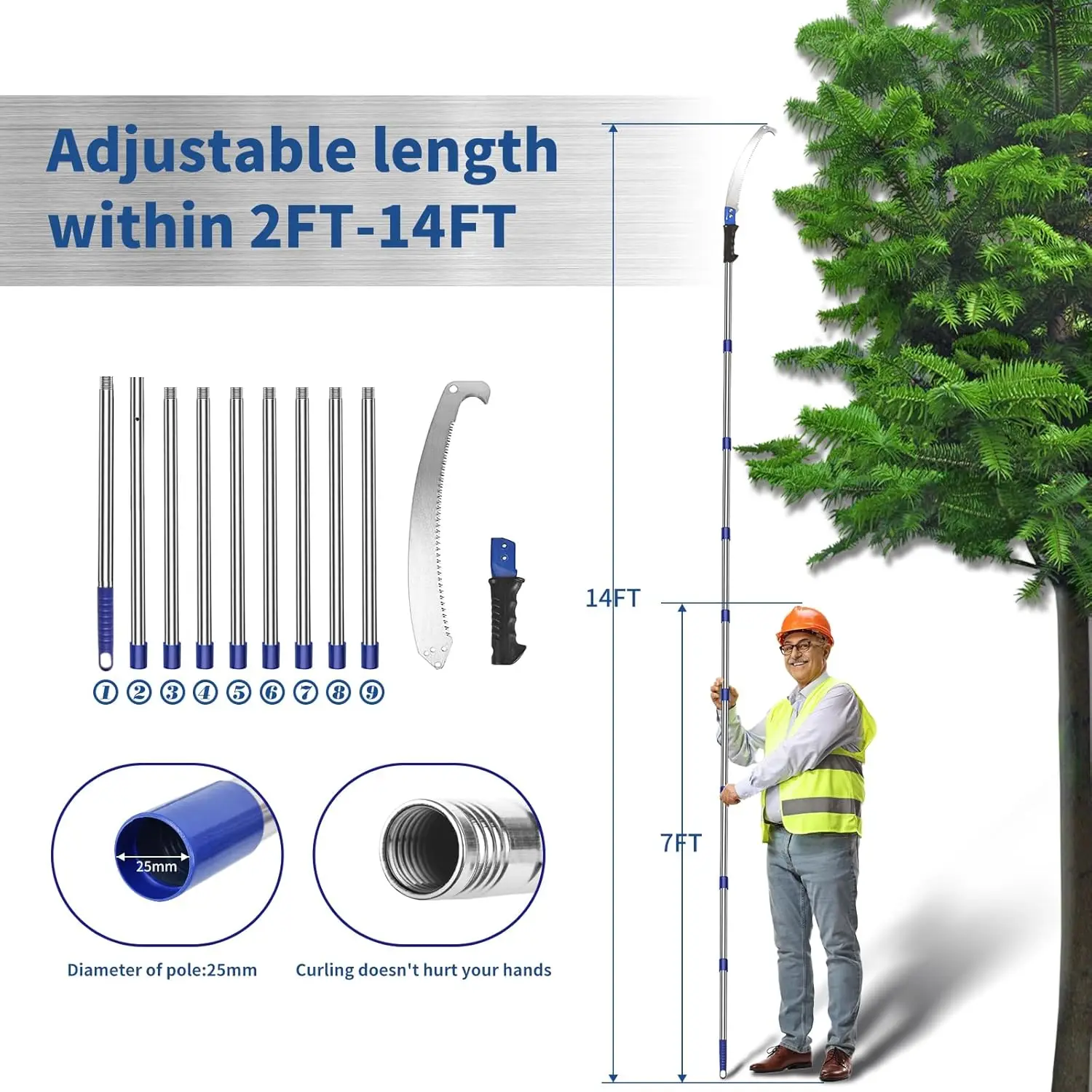 14 Feet Pole Saw Tree Trimming Pruning Saw High Reach Lightweight Manual Stainless Steel Extension Pole Cutter Long Branch