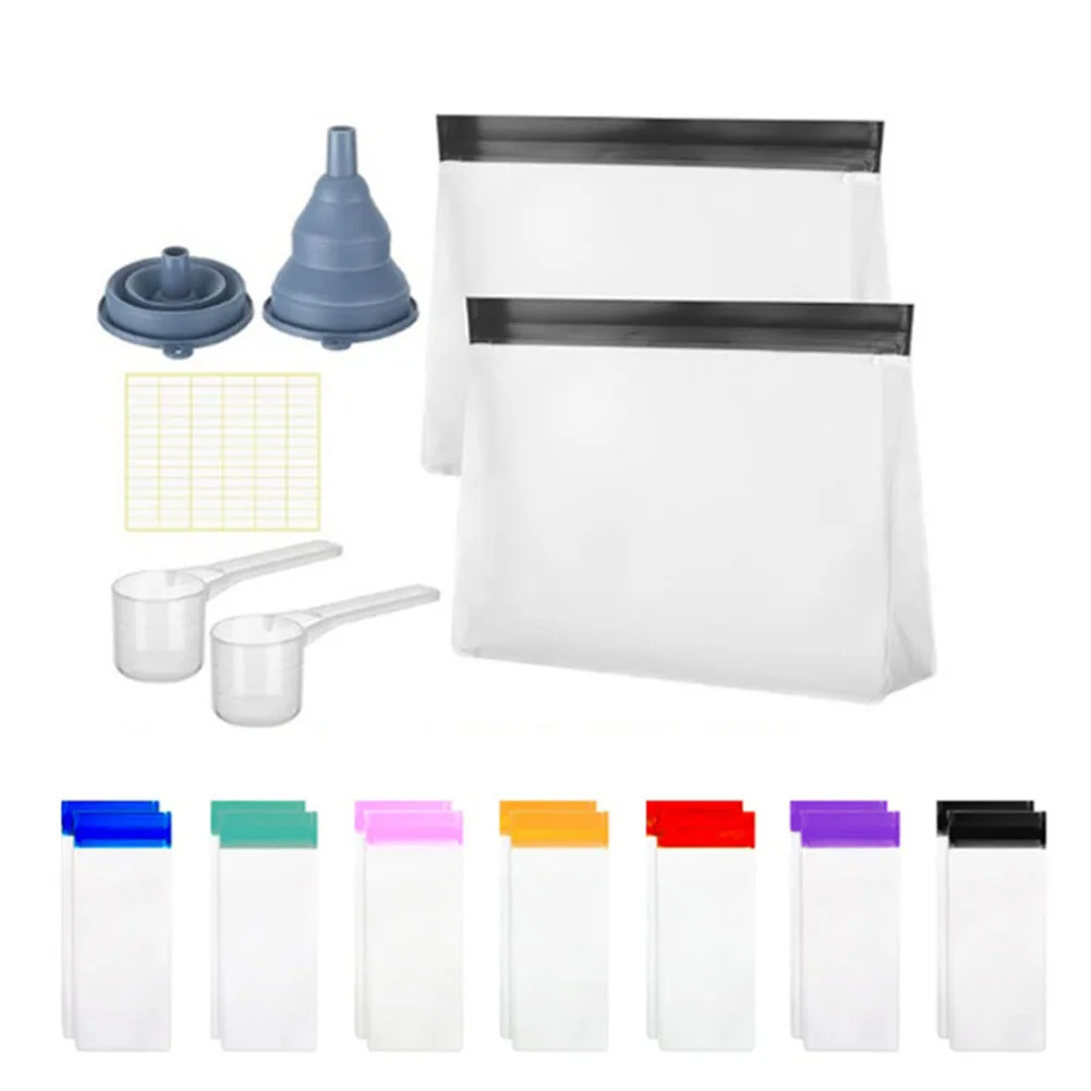 A24I Protein Powder Travel Container Set Single Dose Reusable Powder Supplement Packets with Funnels,Spoons and Labels