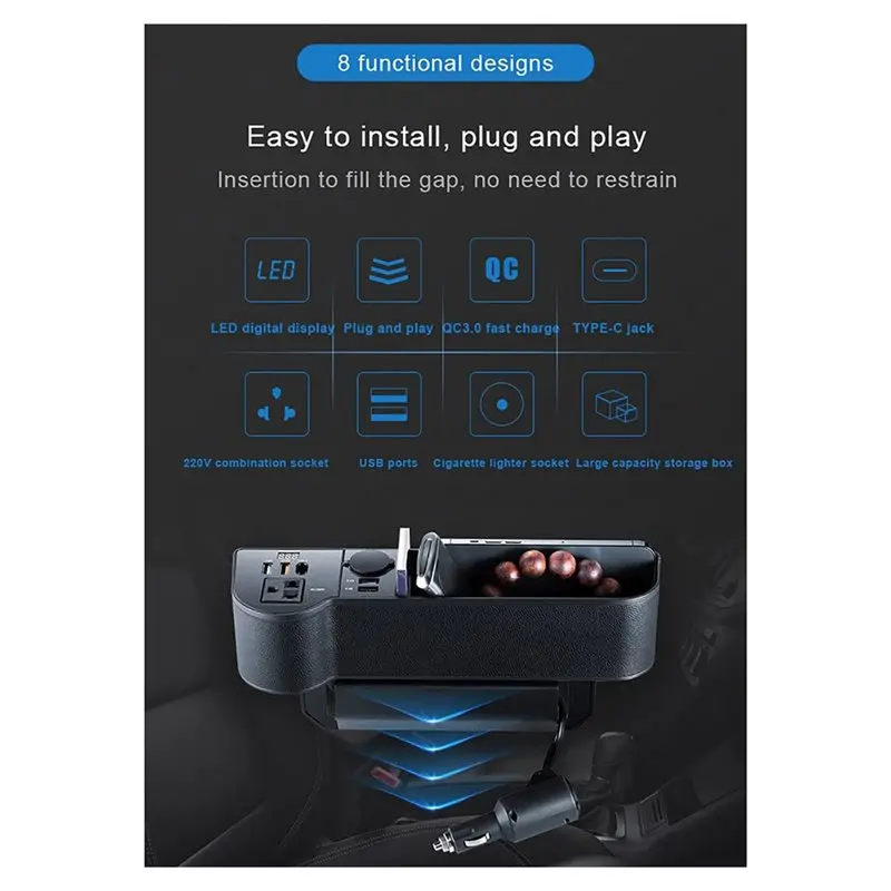 Car Seat Space Filler Organizer 4-USB Ports QC3.0 Fast Charging 12V To 220V Console Side Storage Box For Smartphone-N29R