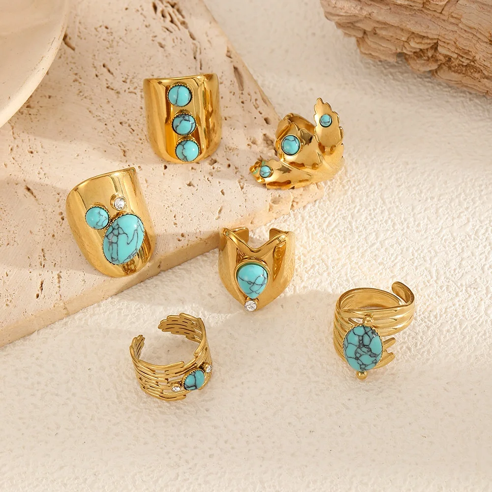 

Wholesale 3/5/10pcs Fashion Trendy Stainless Steel Natural Turquoise Ring Waterproof Anti-rust Stone Statement Stackable Jewelry
