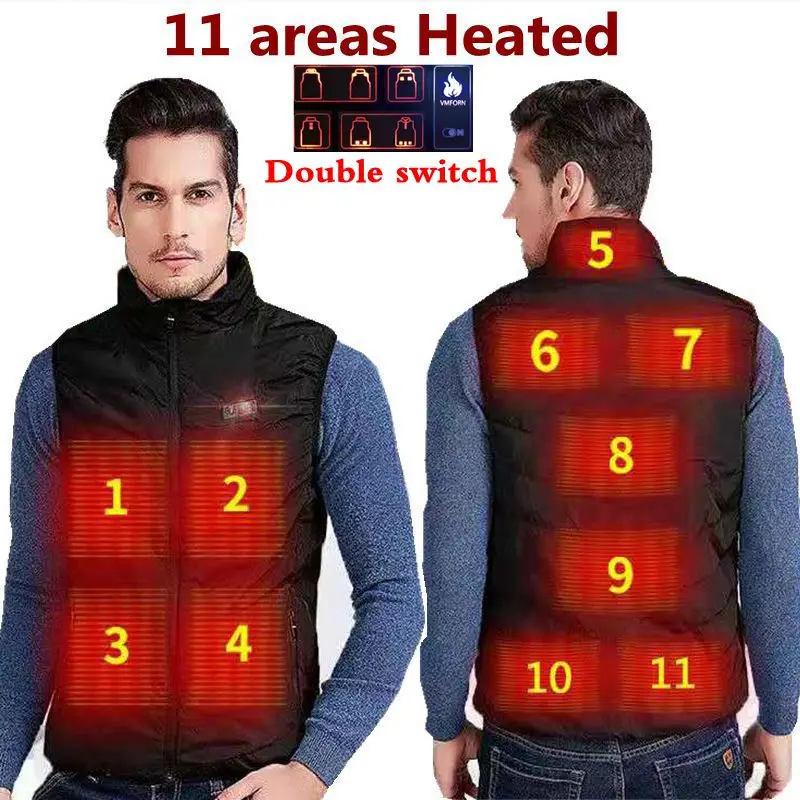 

11 areas Heated Vest Men Coat Intelligent USB Electric Heating Padded Jacket Smart double switch front and rear heating Vest