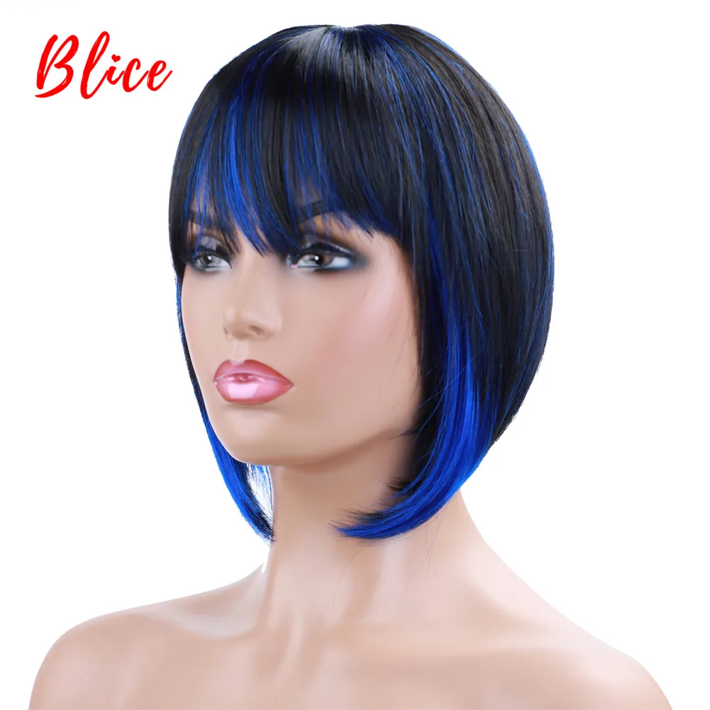 Blice 10 Inch Short Bob Straight Synthetic Wigs  Mixed Color Wig FT1B/Blue  Free-Side Bang For African American Women Wig