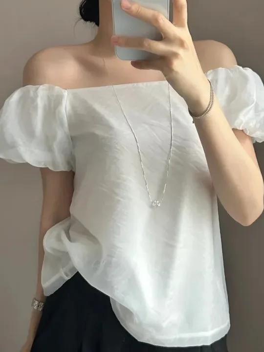 

Chic Summer Simple Color Faionable One-oulder Bubble Sve Chiffon Top Women's Ele Sle Commute Pure Color ...