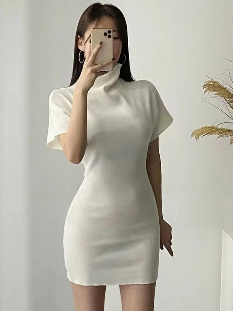 Vestido Mini de Veludo com Gola Alta Coreano para Mulheres, Confortável, Emagrecendo, Versátil, Camada Base, Novo Lançamento Primavera Verão