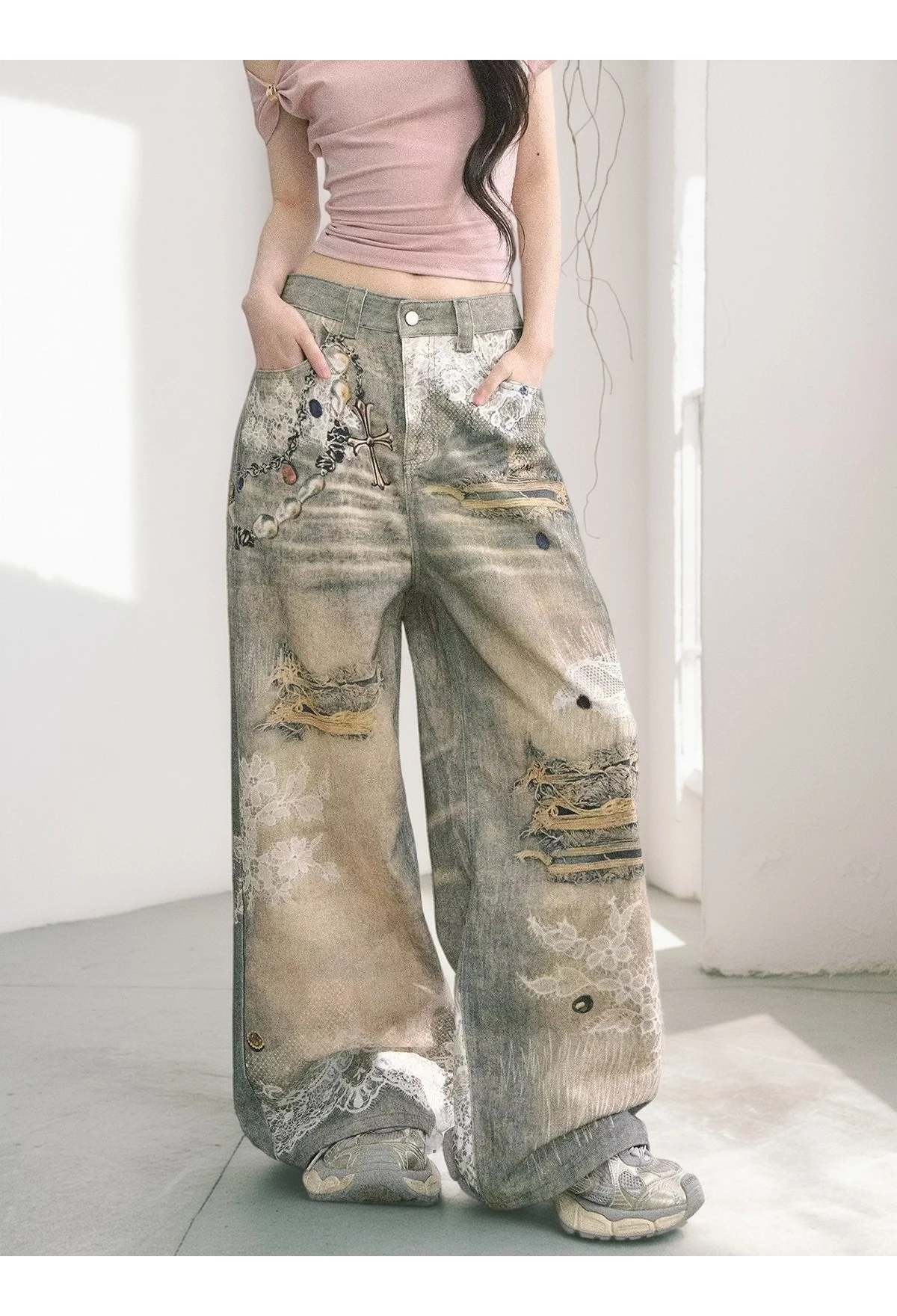 

ШИКАРНЫЕ уличные женские джинсы в стиле ретро, потертые джинсовые брюки с контрастным цветным принтом, винтажные модные прямые брюки с высокой талией, женские