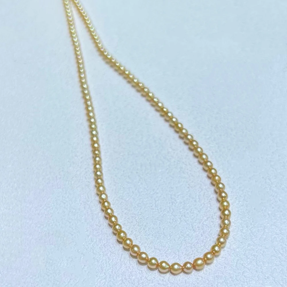 3.5-4mm Soft Golden Natural Freshwater Pearl Necklace with Warm and Translucent Sheen Suitable for Collarbone Chain or Layering