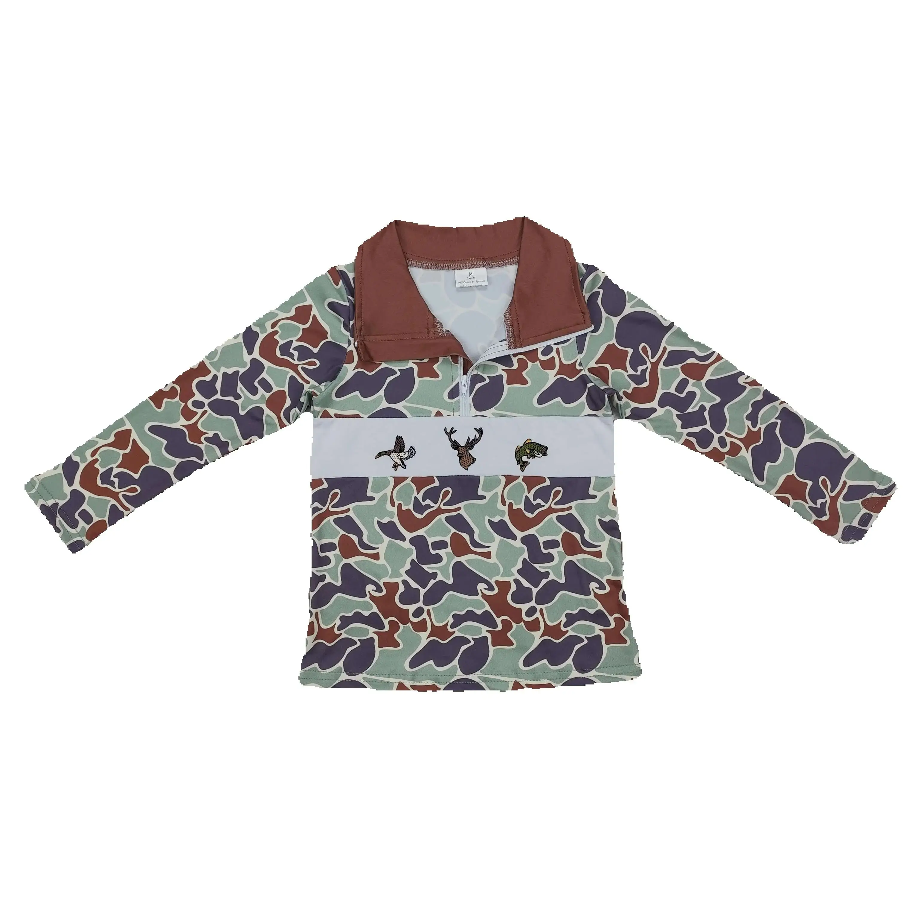 BT0902 Fashionable Kids Boys Clothing Long Sleeve Embroidery duck elk fish camouflage brown zipper Print With Children Clothes