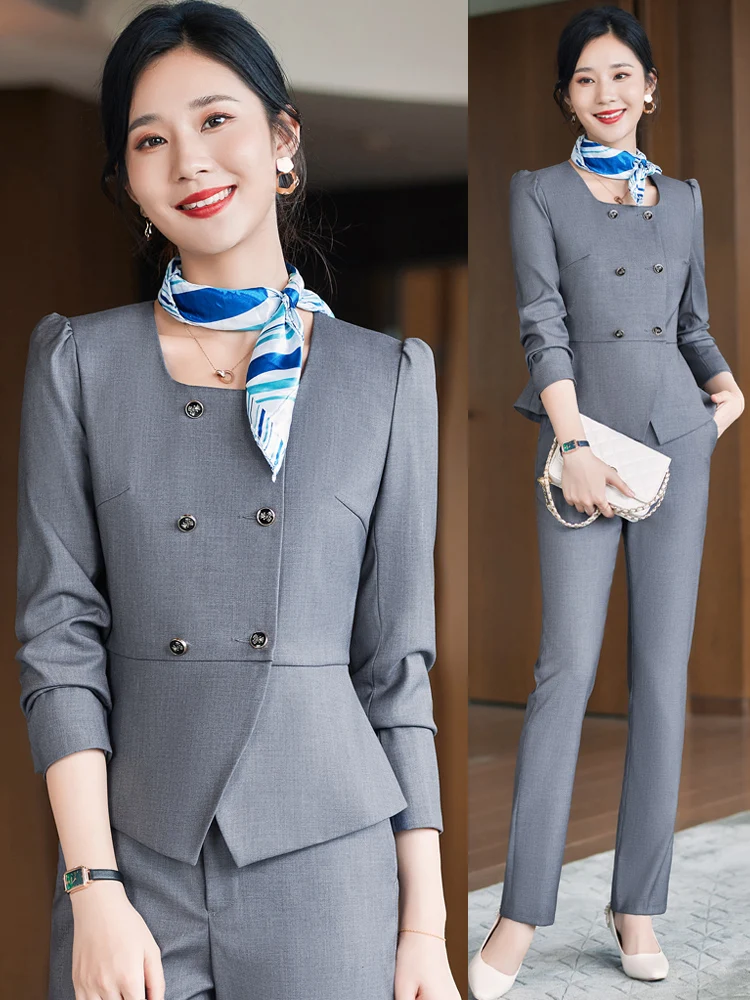 

High-End Grey Suit Professional Women's Workwear Spring Autumn New Style Hotel Front Desk Beauty Salon Formal Dress Code