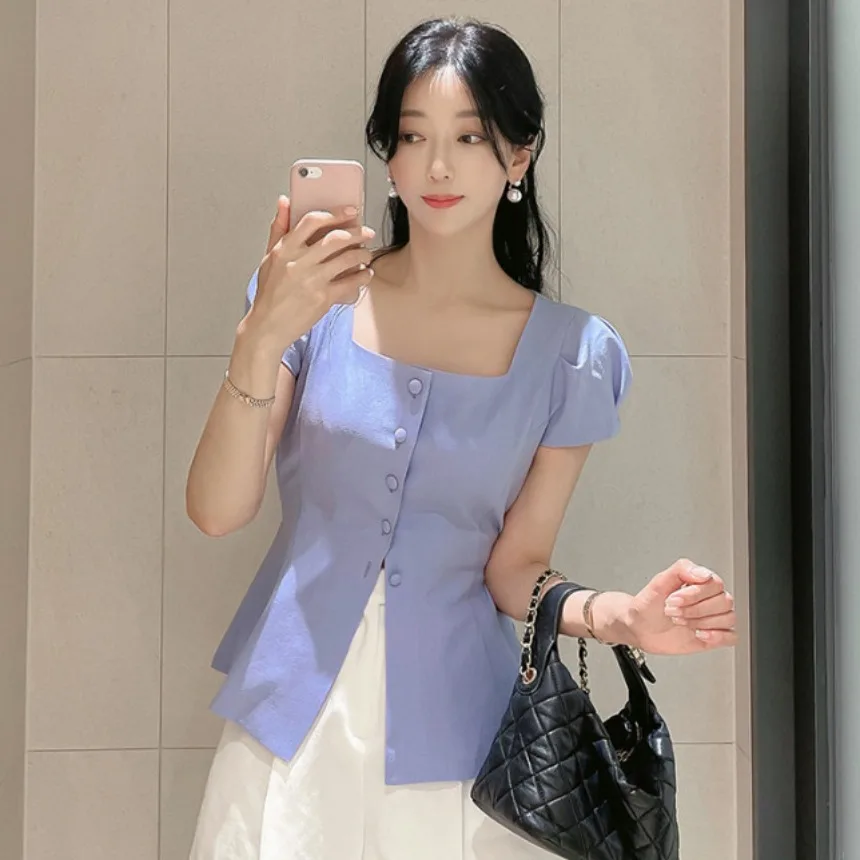 

Ele Square Collar Single Button Bubble Sve irt Women's Summer New Sle Waist Cinching Belt Slimming Top