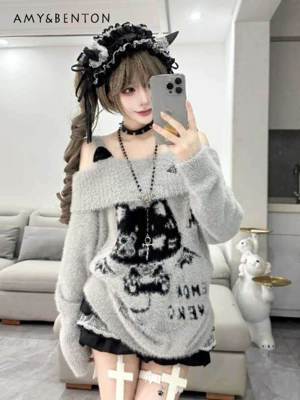 

Subculture Cartoon Embroidered Off-Shoulder Knitted Sweater Hot Girl Y2K Turn-Down Collar Plush Loose Sweaters Autumn Winter