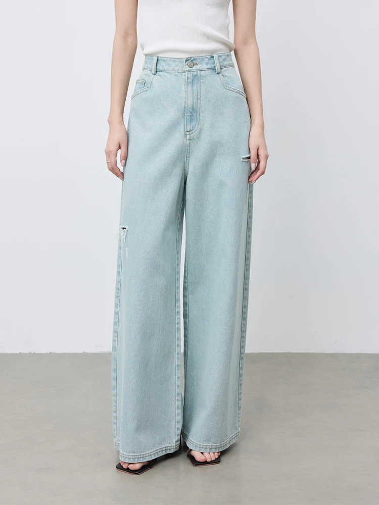 

High Waist Straight Leg Jeans Women's Thin Denim Jeans Caremind Vintage Washed Blue Hole Casual Wide Leg Pants Summer