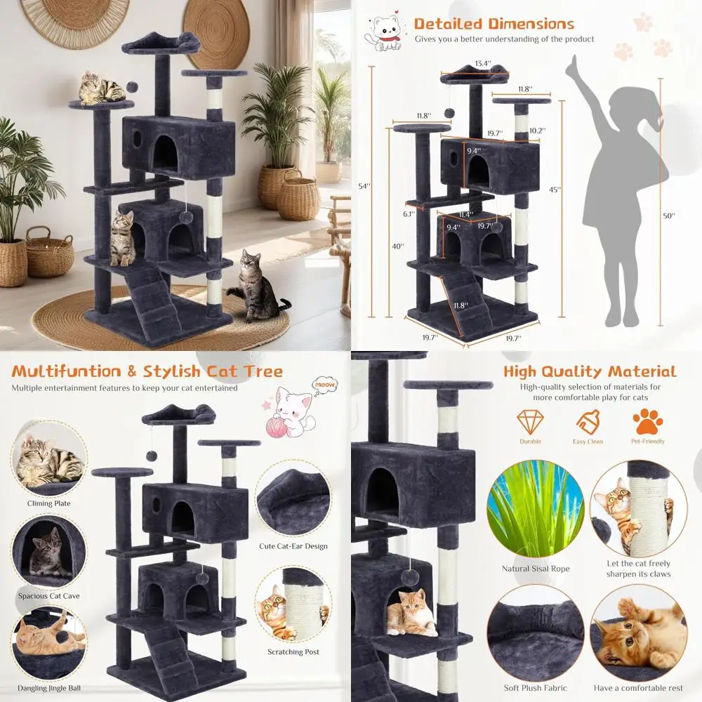 

54-ярусная игровая полка-когтеточка для кошек с сизалевыми столбиками, домиком, игрушками и лестницей - серая, премиум-класса