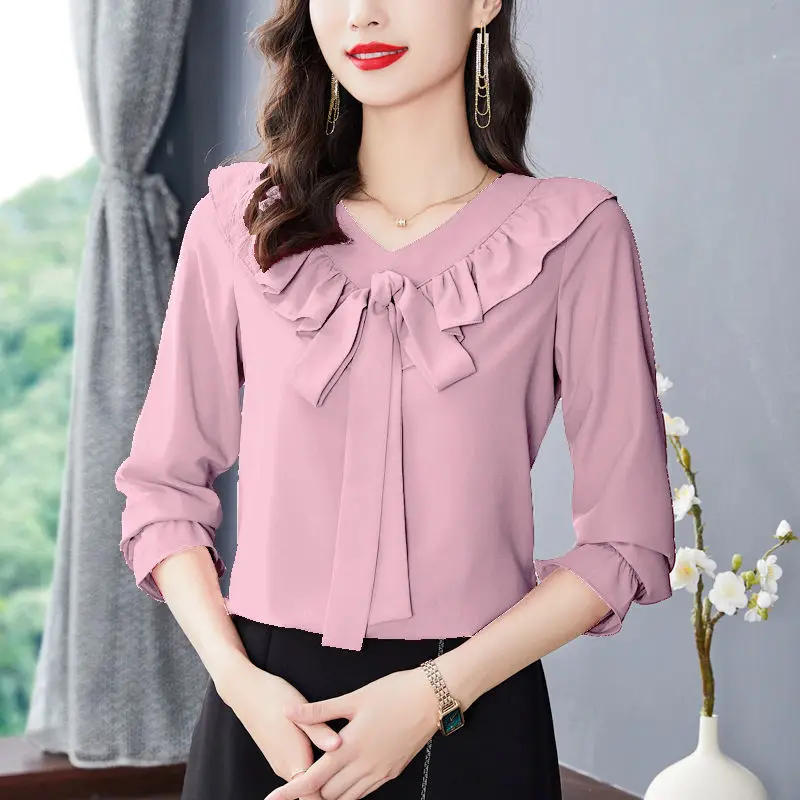 V-Neck Office Lady Ruffle Chiffon Bowknot Thin Flare Sleeve Women Blouse Stylish Versatile Pullover Various Colors Oversize Top