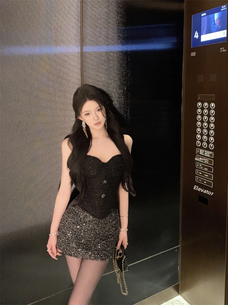 

Sexy Fibone Crop Top And High Waist Skirt Set Women's Faionable Pure Desire Glittering f Skirt Ensemble