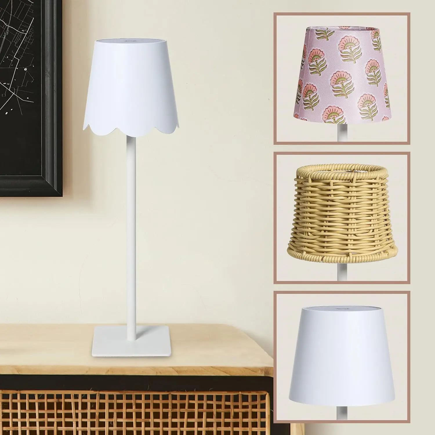 

3-Piece Lamp Shade & Lamp Present Set – Scalloped, Conic, and Fabric Printed Shades, White