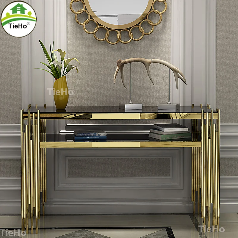 TieHo-Luxury Gold Hallway Console Table, Living Room Porch Table,Tempered Glass Entry Table, Home Furniture, Metal Cabinet Table