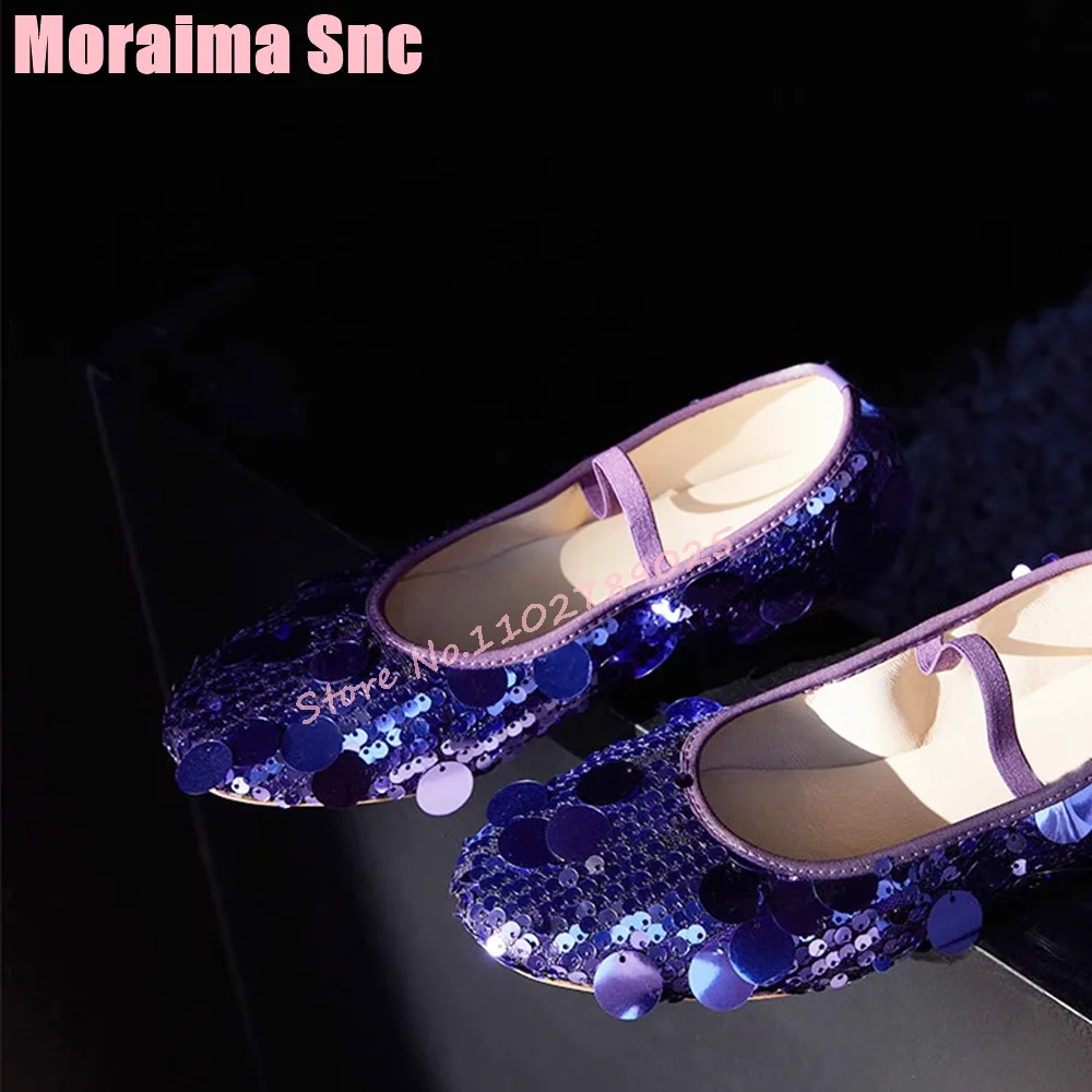 Sequined Bling Round Toe Ballet Shoes Flat With Ankle Strap Fashion Elegant Slip On Women‘s Shoes 2024 Spring Summer Green Solid