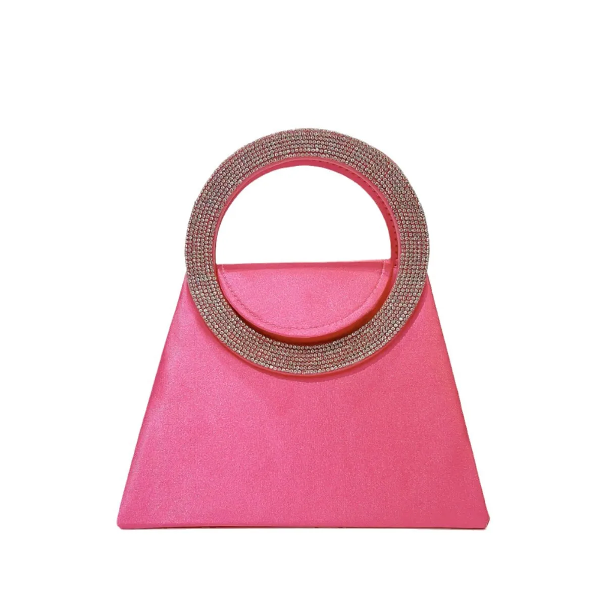 Hot Pink Satin Trapezoid Handbag Full Rhinestone Circle Ring Handle Mini Evening Clutch Elegant Formal Purse Middle Aged Ladies