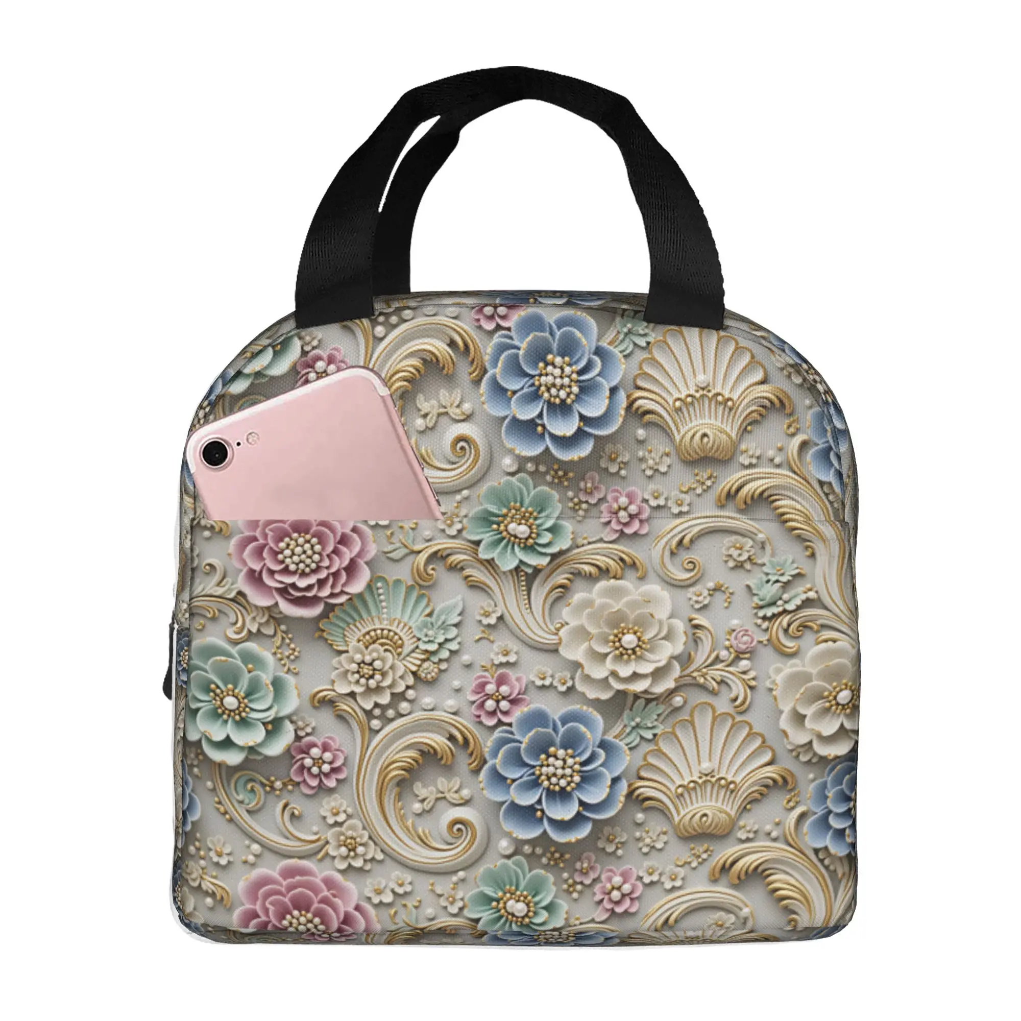 Luxury High 3D Floral Insulated Lunch Tote Bag for Fashion Trend 3D Flowers Portable Cooler Thermal Bento Box Outdoor Camping