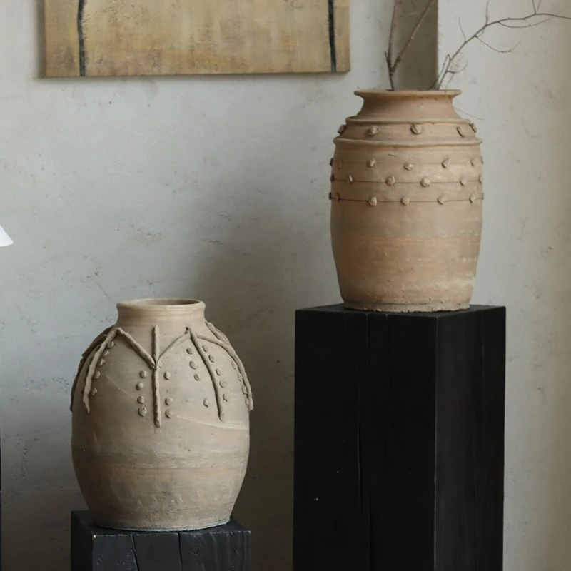 Wabi **** wind vase ornament antique handmade clay pot soft decoration pottery pot dried flower ware homestay decoration pottery