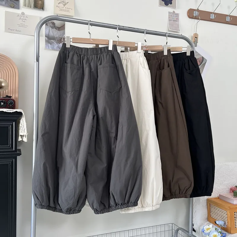 Pantalones tipo farol de pierna ancha con cintura elástica japonesa Sle, pantalones holgados de algodón de talla grande para mujer, pantalones cálidos y perezosos a la moda